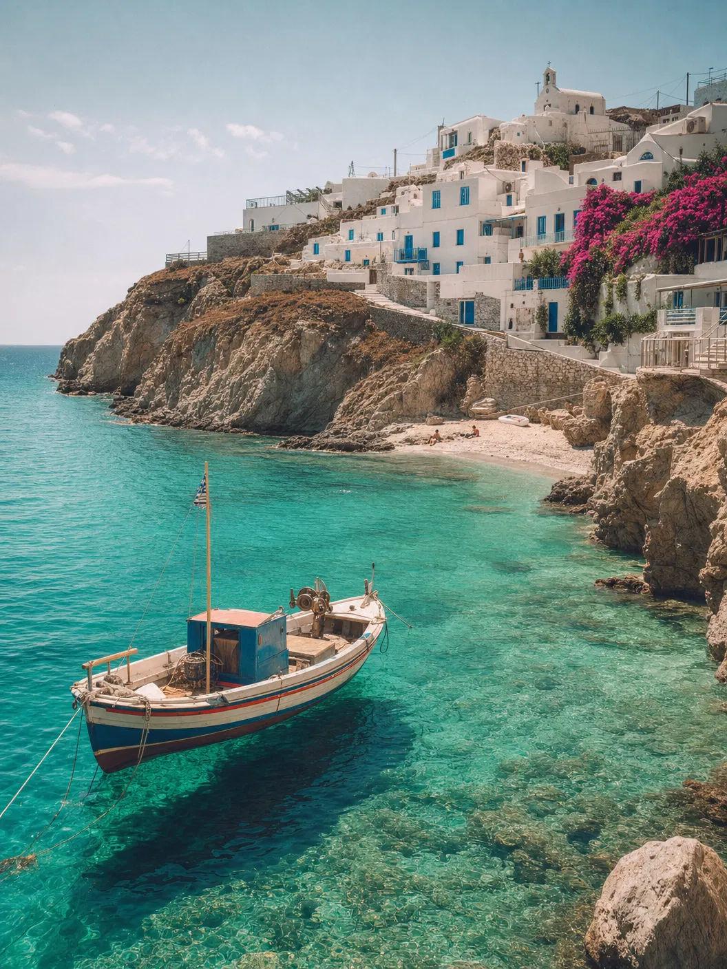 Águas turquesa e casas brancas no Mediterrâneo
